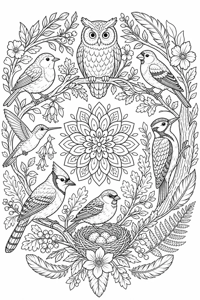 Bird Adult Bird Mandala Wreath printable coloring page