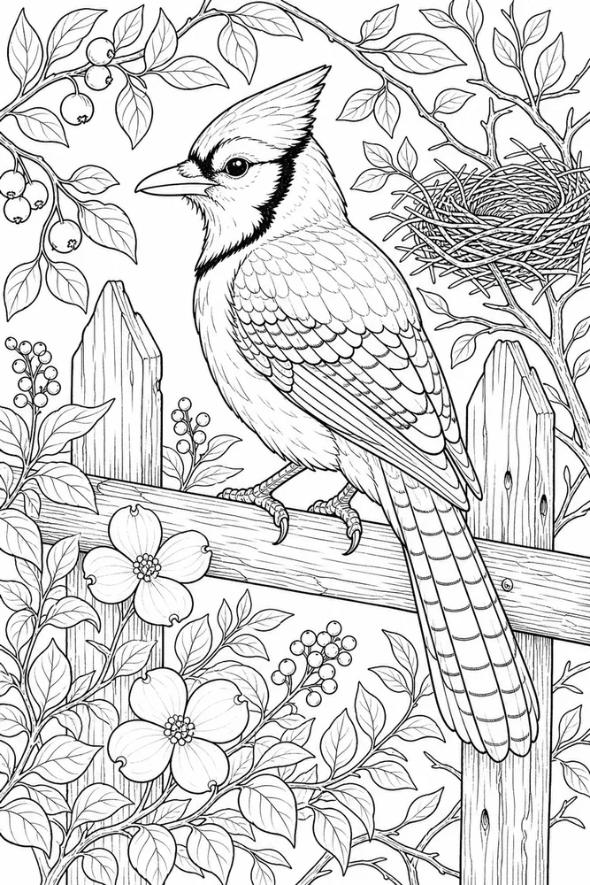 Bird Adult Blue Jay Garden Fence printable coloring page