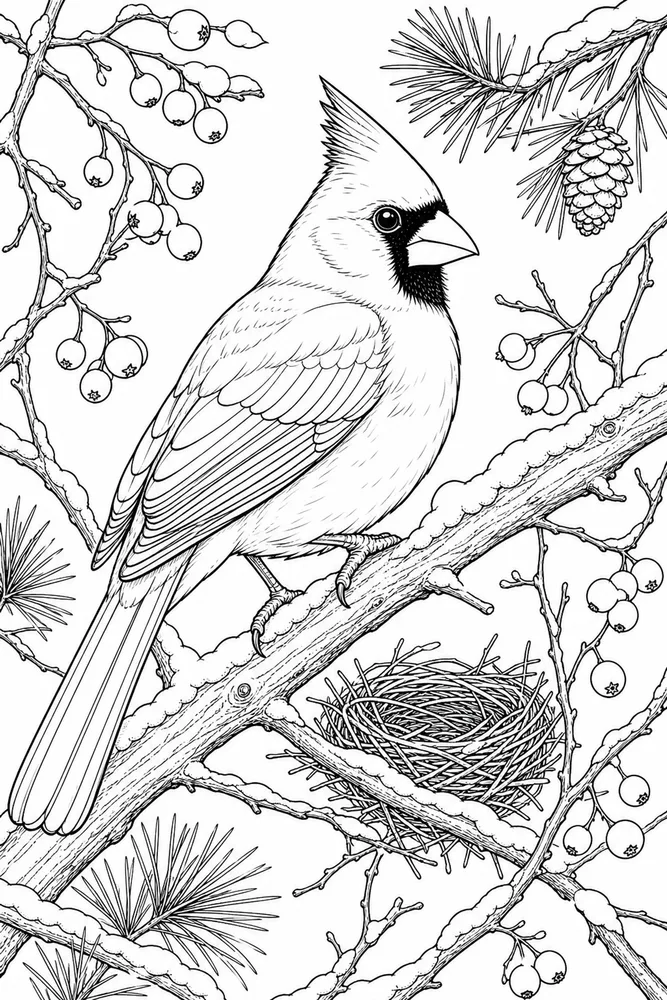 Bird Adult Cardinal Winter Branch printable coloring page