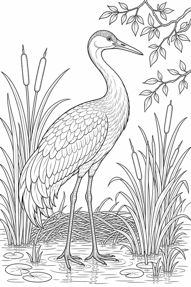 Bird Adult Crane With Reeds printable coloring page