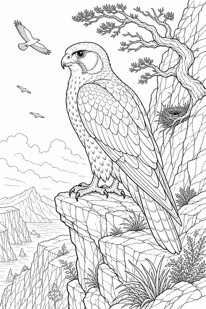 Bird Adult Falcon Cliff Scene printable coloring page