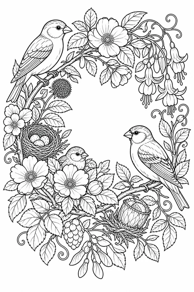 Bird Adult Finch Flower Wreath printable coloring page