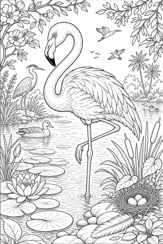 Bird Adult Flamingo Lagoon printable coloring page