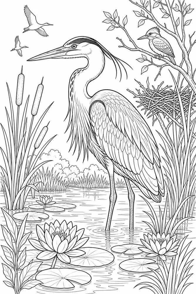 Bird Adult Heron Marsh Scene printable coloring page