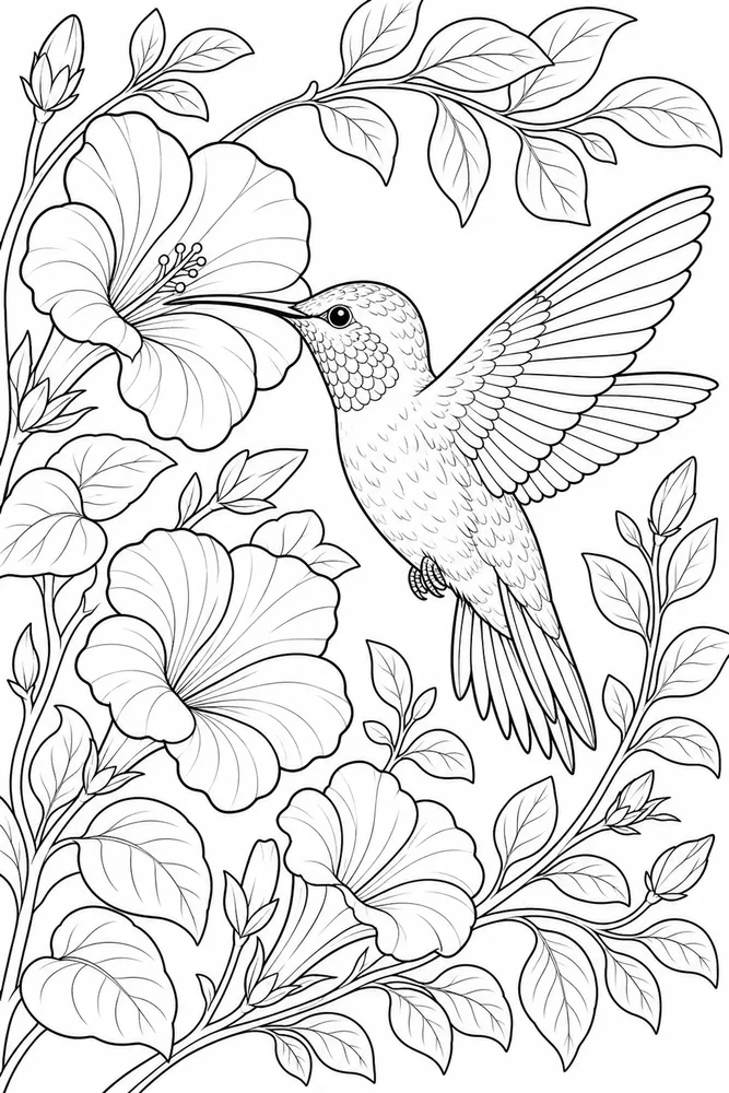 Bird Adult Coloring Pages preview: Bird Adult Hummingbird And Flowers printable coloring page