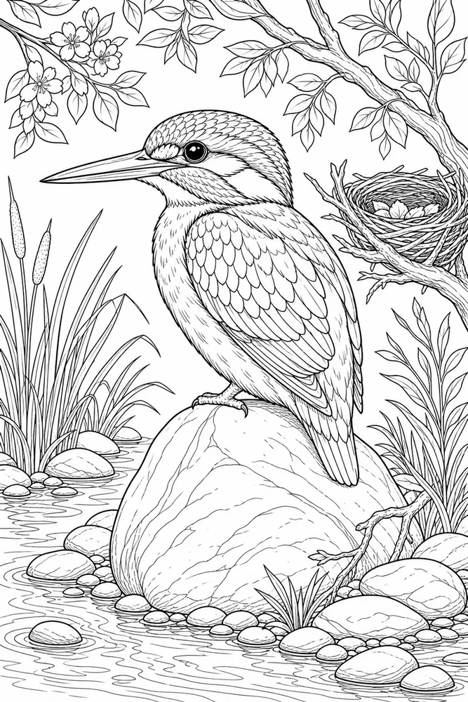 Bird Adult Kingfisher River Stone printable coloring page