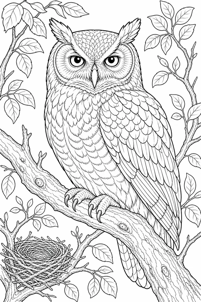 Bird Adult Owl On Branch printable coloring page