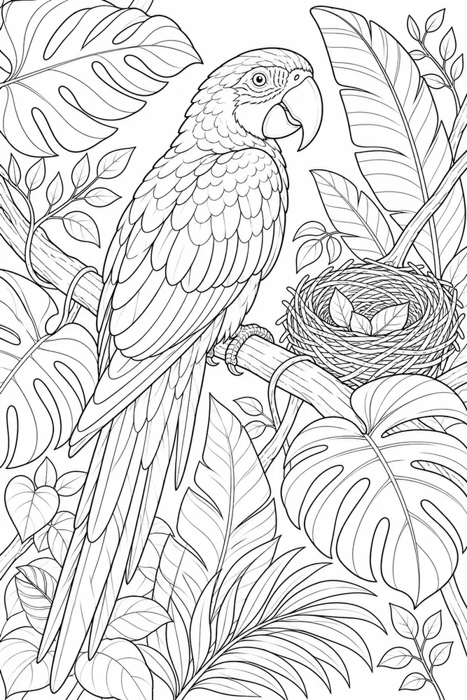 Bird Adult Parrot Jungle Leaves printable coloring page
