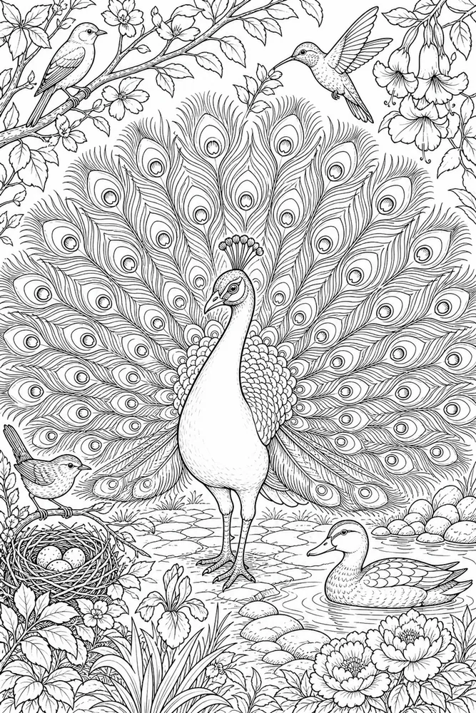 Bird Adult Peacock Feather Display printable coloring page