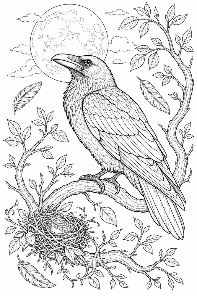 Bird Adult Raven Moon Branch printable coloring page