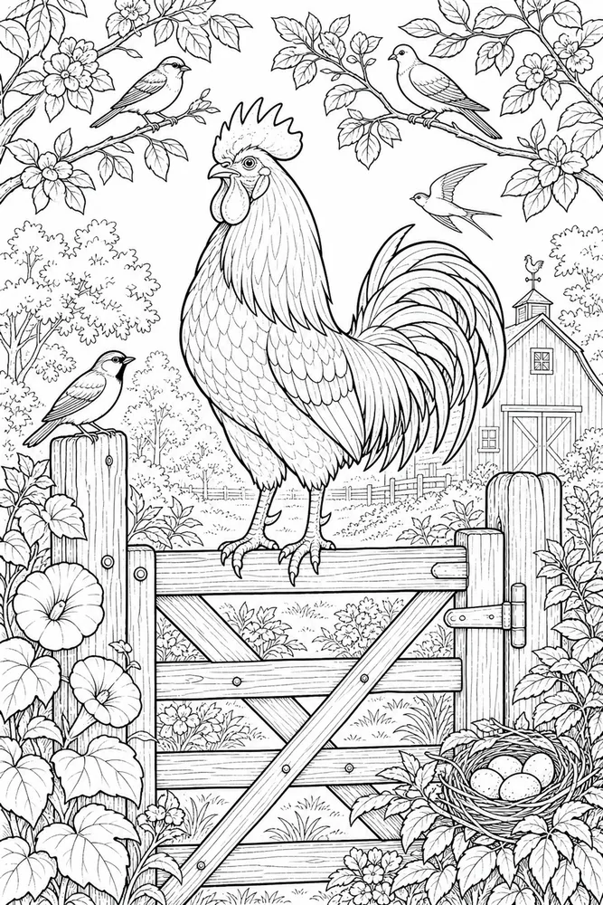 Bird Adult Rooster Farm Gate printable coloring page
