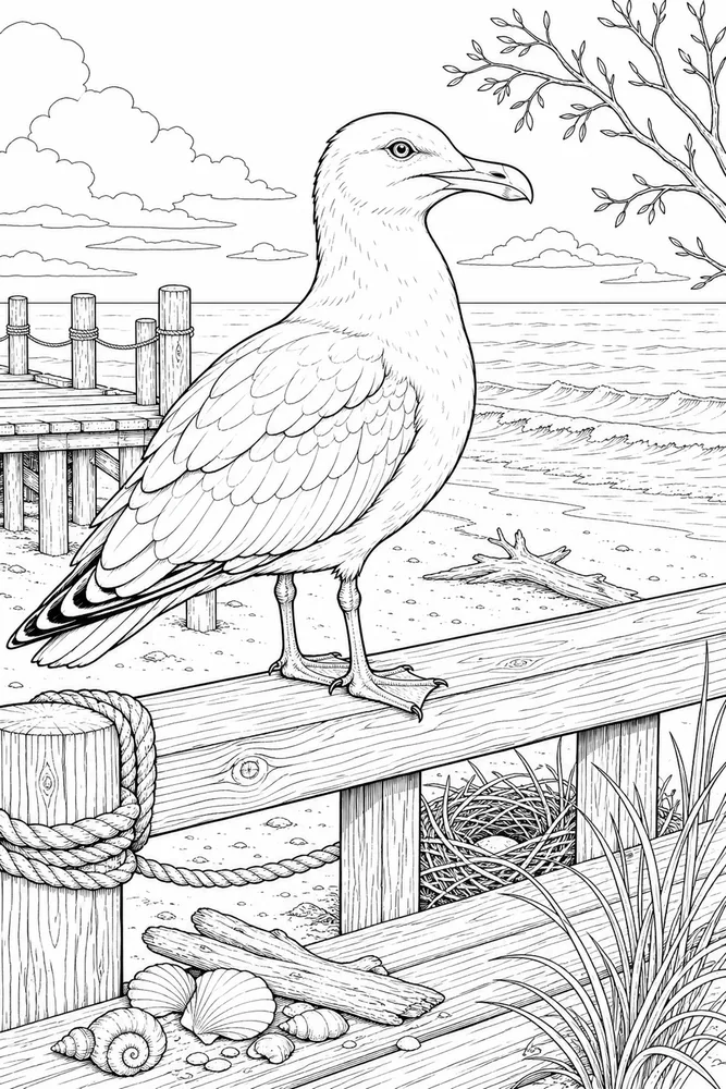 Bird Adult Seagull Beach Pier printable coloring page