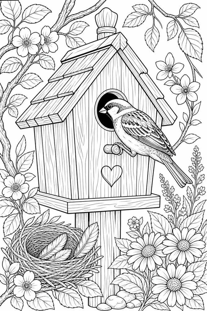 Bird Adult Sparrow Birdhouse printable coloring page