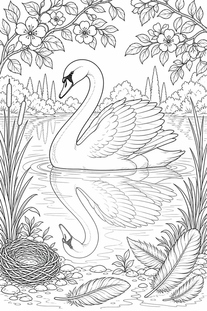 Bird Adult Swan Lake Reflection printable coloring page