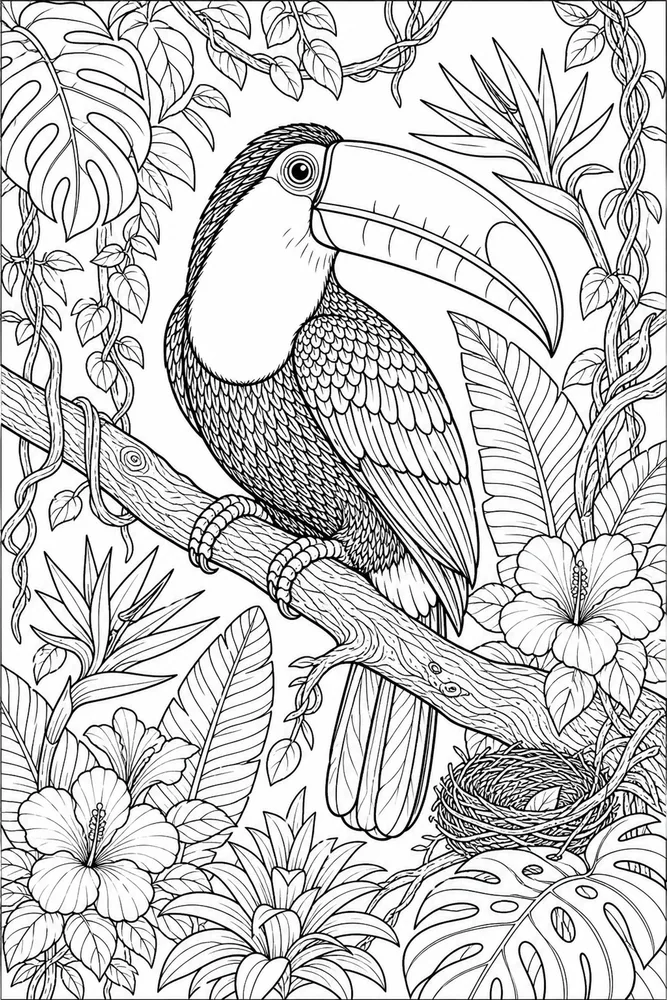 Bird Adult Toucan Rainforest printable coloring page
