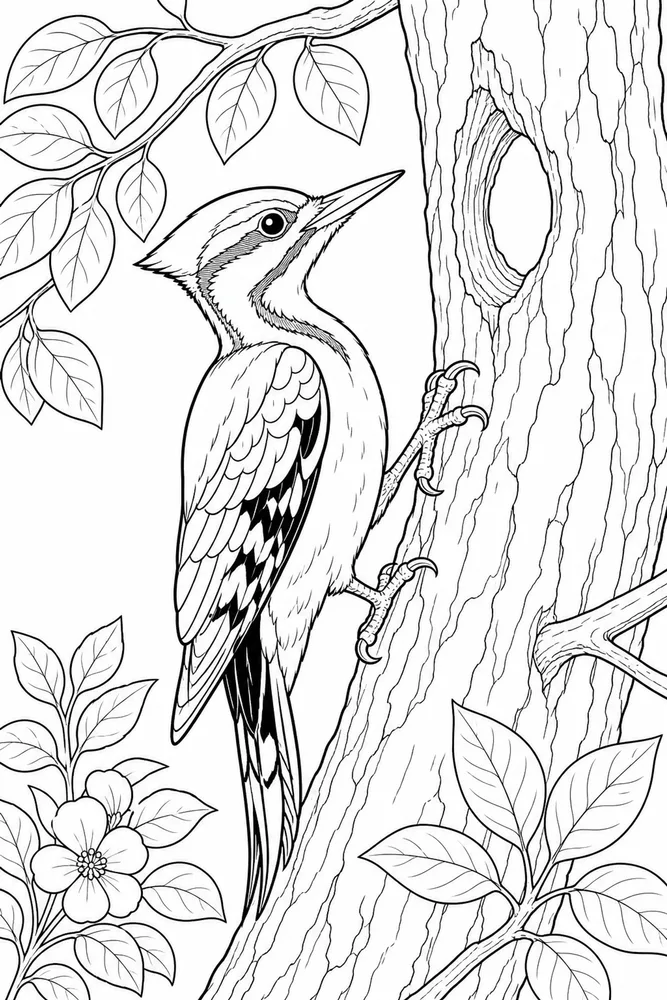 Bird Adult Woodpecker Tree Trunk printable coloring page