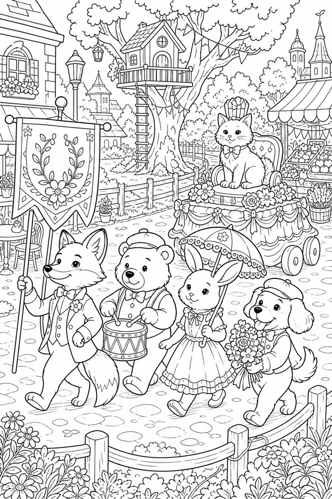 Cartoon Adult Cartoon Animal Parade printable coloring page