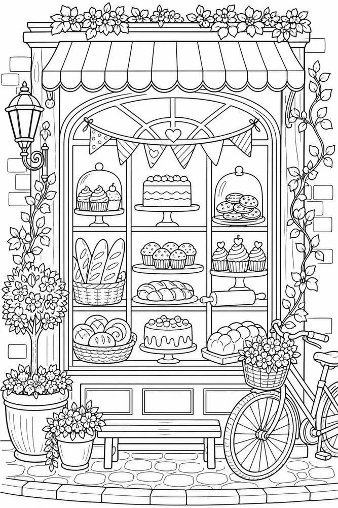 Cartoon Adult Cartoon Bakery Window printable coloring page