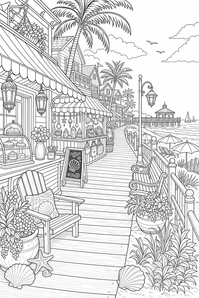 Cartoon Adult Cartoon Beach Boardwalk printable coloring page