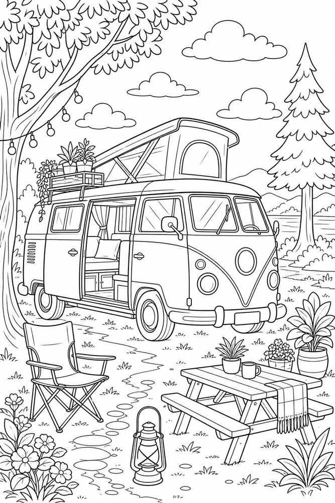 Cartoon Adult Cartoon Camper Van Scene printable coloring page