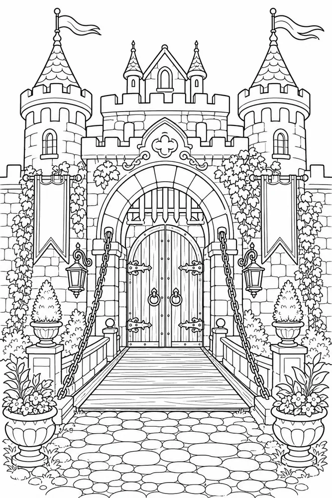 Cartoon Adult Cartoon Castle Gate printable coloring page