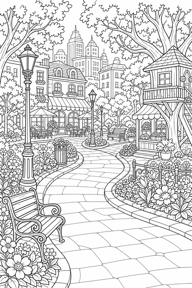 Cartoon Adult Cartoon City Park Walkway printable coloring page
