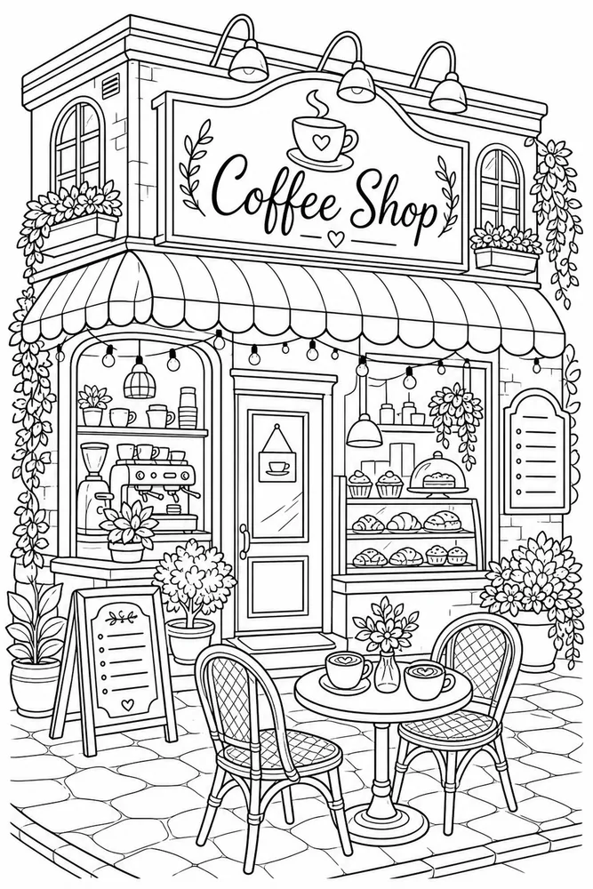 Cartoon Adult Cartoon Coffee Shop Scene printable coloring page