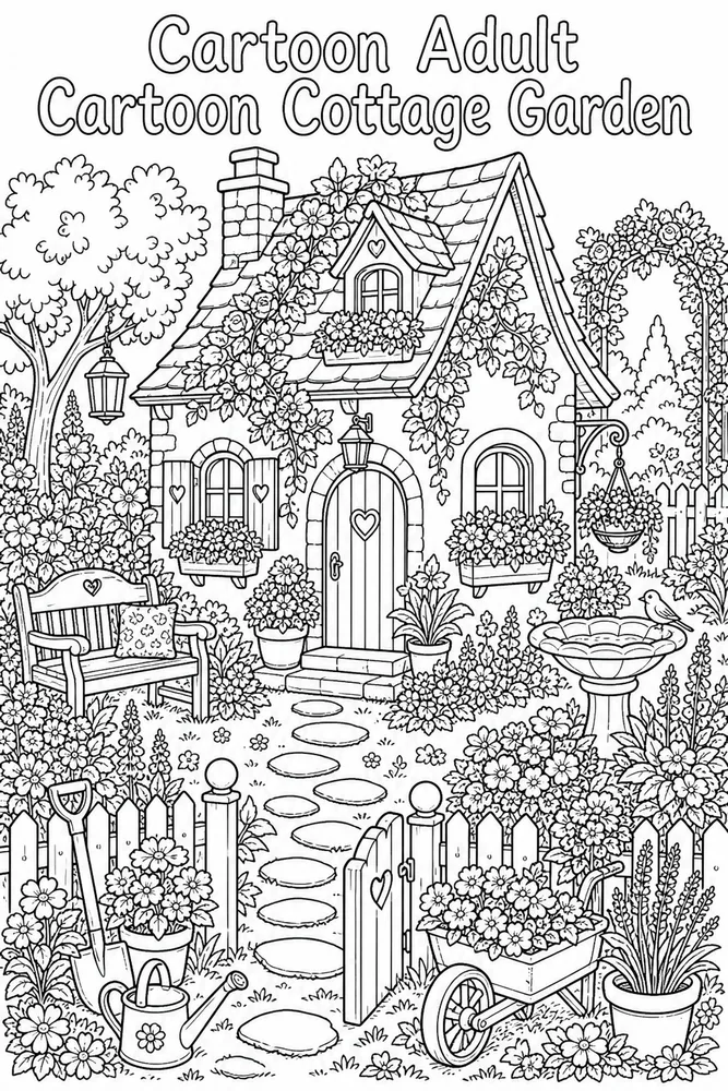 Cartoon Adult Cartoon Cottage Garden printable coloring page