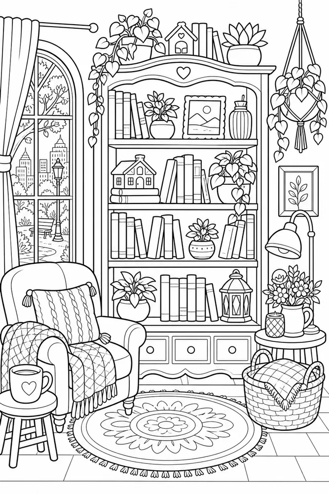 Cartoon Adult Cartoon Cozy Bookshelf printable coloring page