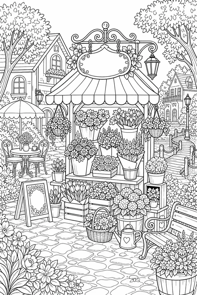 Cartoon Adult Cartoon Flower Market printable coloring page