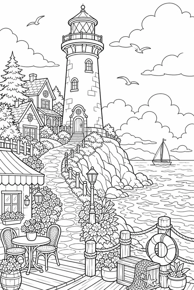 Cartoon Adult Cartoon Lighthouse Coast printable coloring page