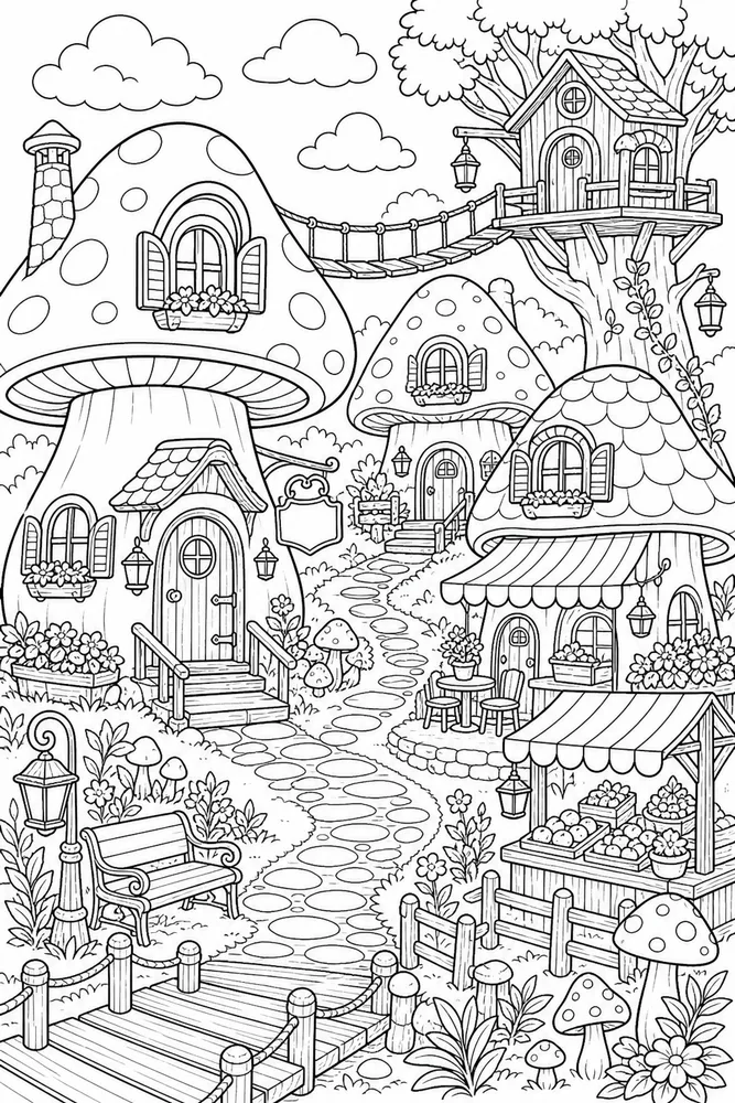 Cartoon Adult Cartoon Mushroom Village printable coloring page