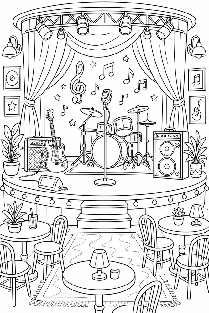Cartoon Adult Cartoon Music Stage printable coloring page