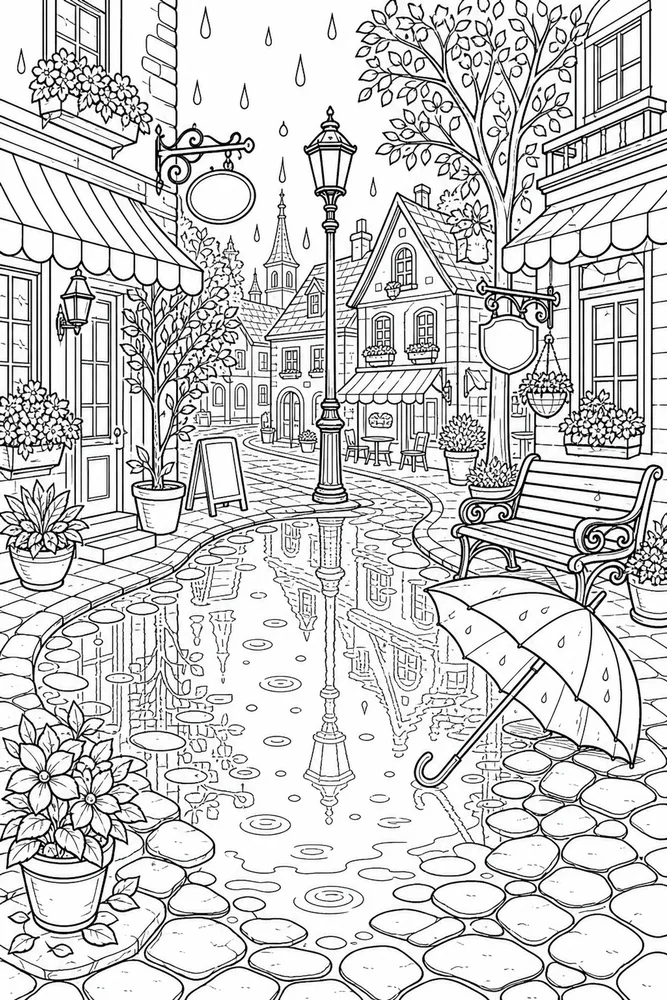 Cartoon Adult Cartoon Rainy Puddle Street printable coloring page
