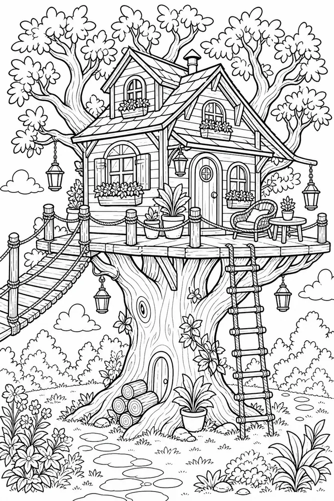 Cartoon Adult Cartoon Treehouse Scene printable coloring page