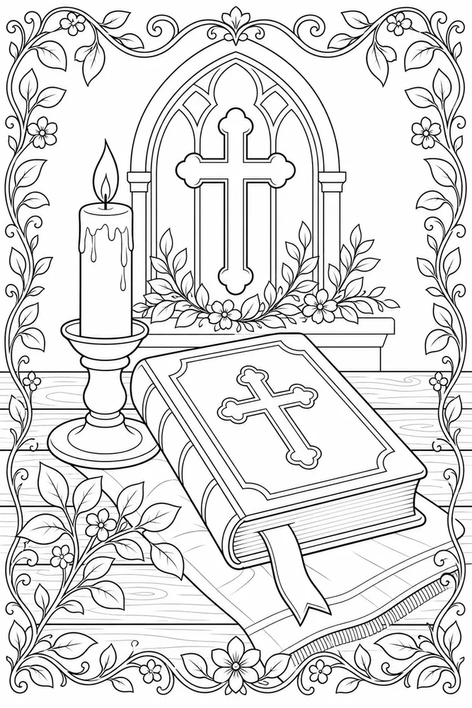 Christian Adult Candle and Hymn Book Still Life printable coloring page