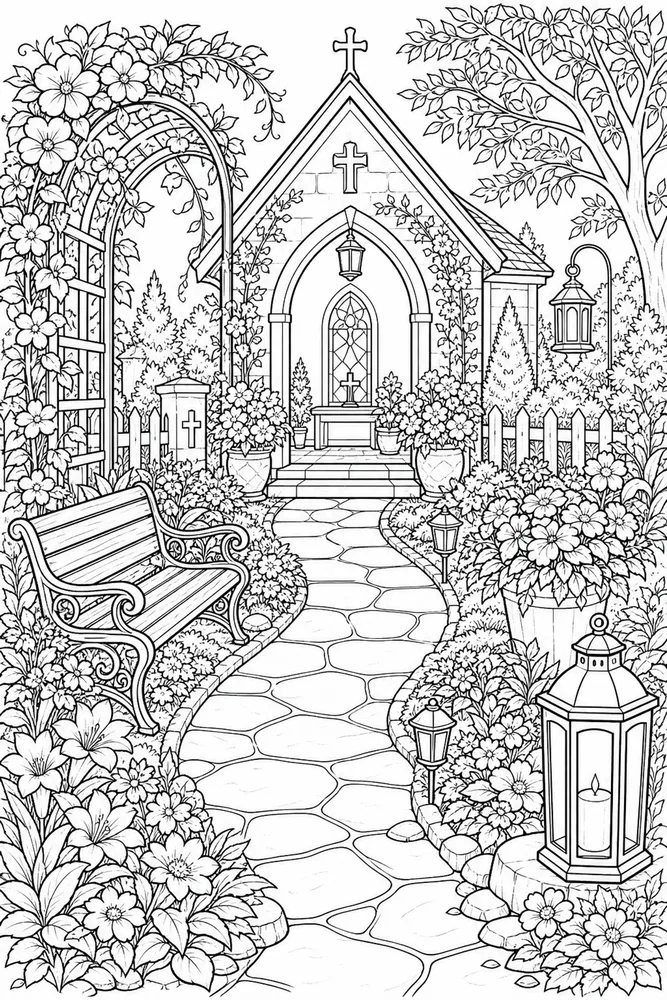 Christian Adult Chapel Path with Flowers printable coloring page