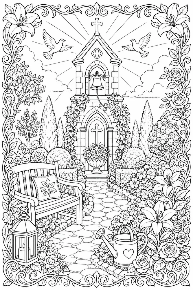 Christian Adult Church Bell Tower Garden printable coloring page