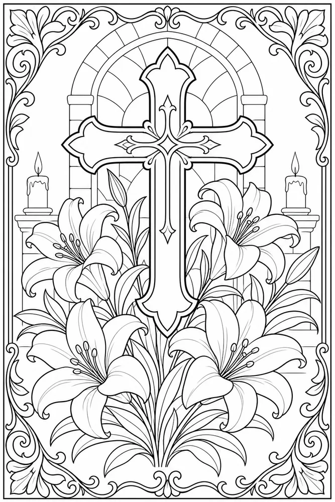 Christian Adult Cross and Lilies Adult Design printable coloring page