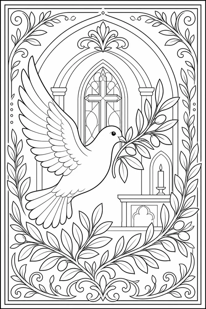 Christian Adult Dove and Olive Branch Pattern printable coloring page