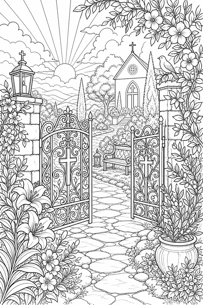 Christian Adult Faith Garden Gate Scene printable coloring page