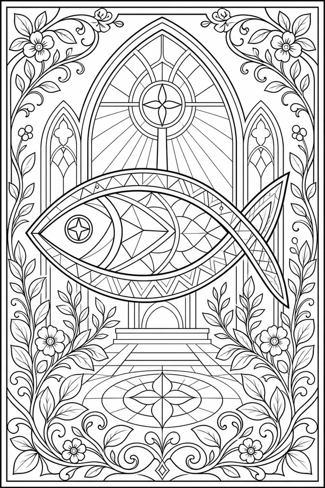 Christian Adult Fish Symbol Geometric Pattern printable coloring page