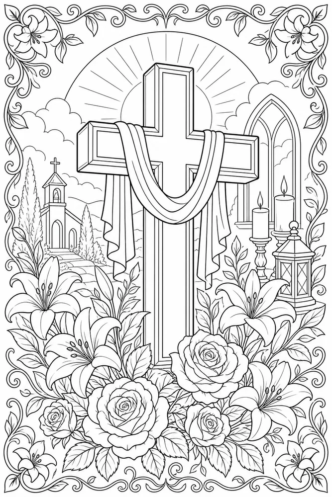 Christian Adult Floral Cross Meditation Page printable coloring page