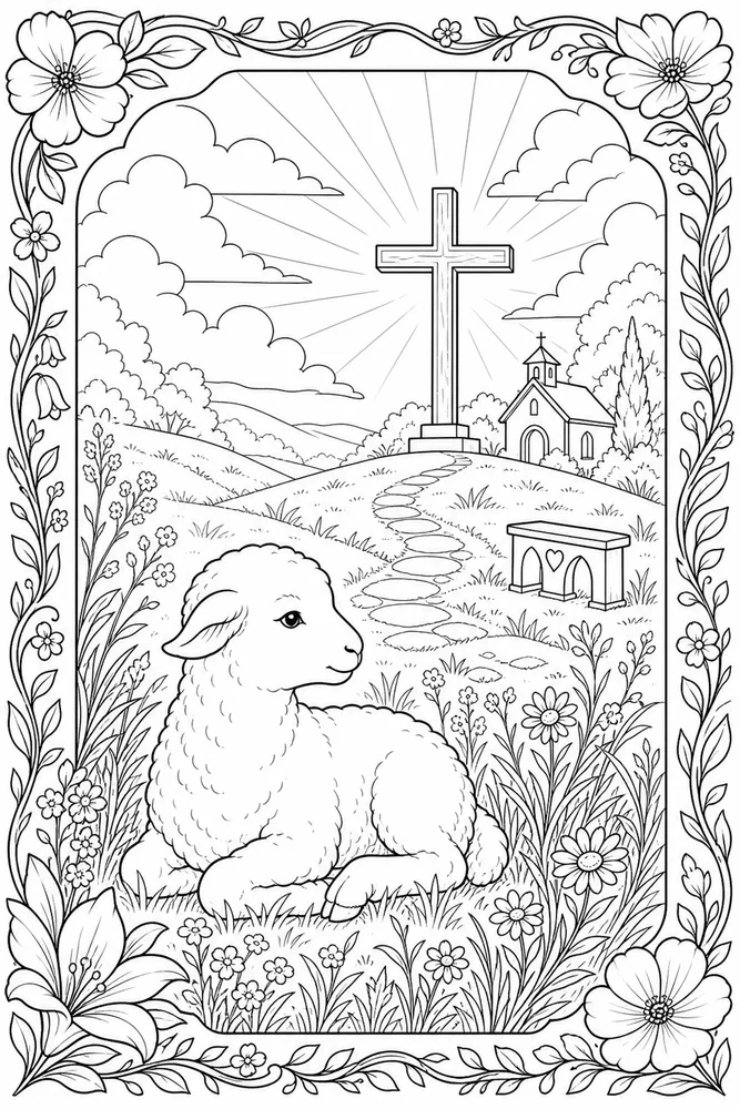 Christian Adult Lamb Meadow with Cross Motif printable coloring page