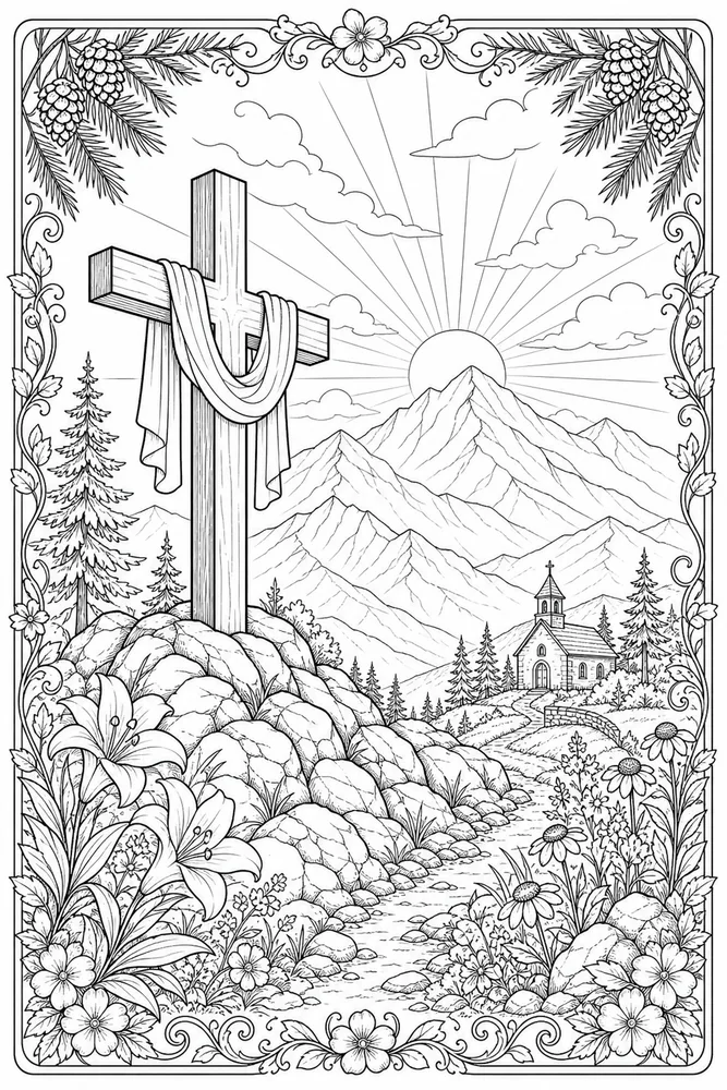 Christian Adult Mountain Cross Sunrise Scene printable coloring page