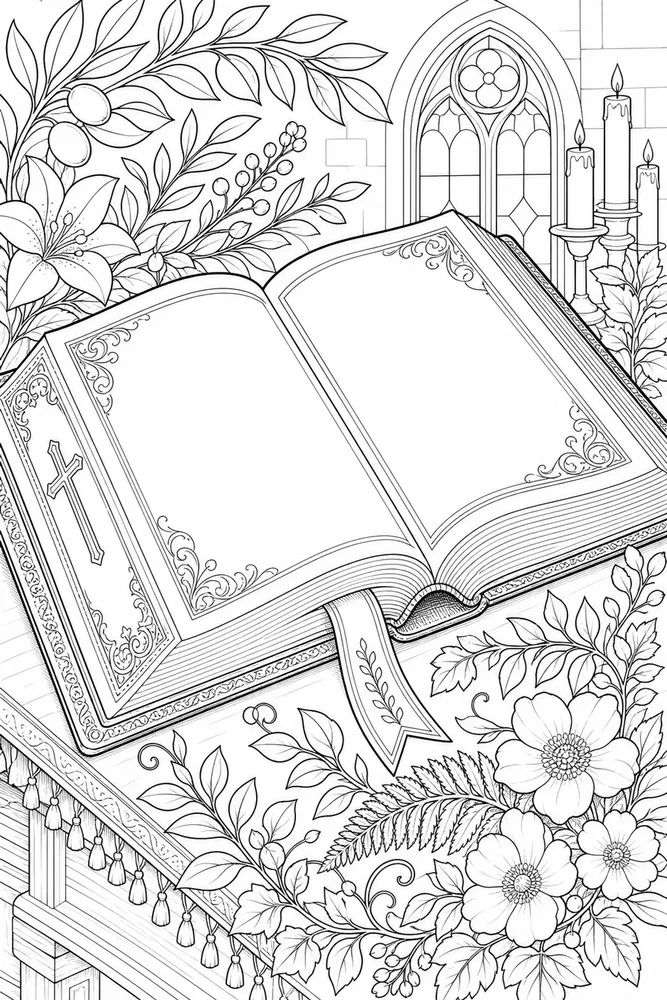 Christian Adult Open Bible with Botanical Border printable coloring page