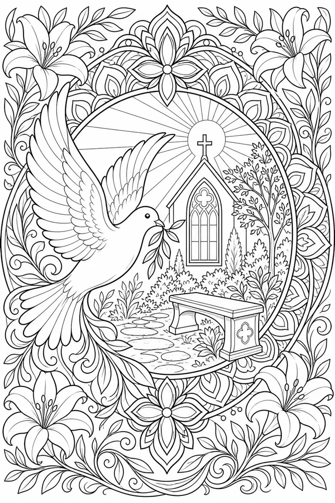Christian Adult Peace Dove Mandala Border printable coloring page