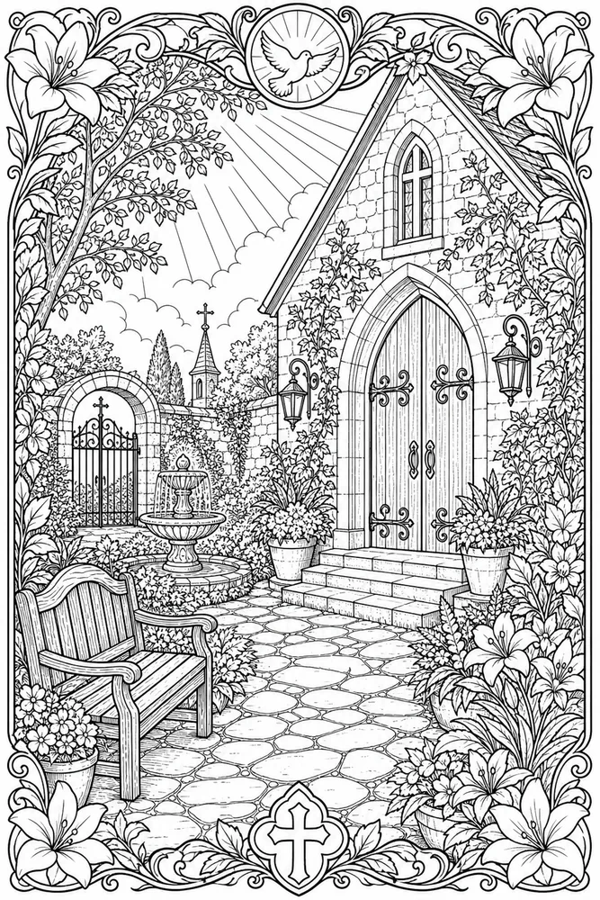 Christian Adult Peaceful Church Courtyard printable coloring page