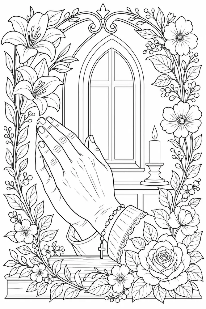 Christian Adult Prayer Hands with Floral Frame printable coloring page