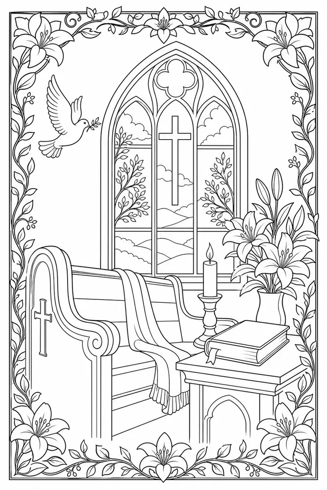 Christian Adult Quiet Pew and Window Scene printable coloring page